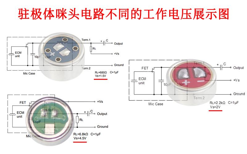 驻极体咪头电路不同的工作电压展示图